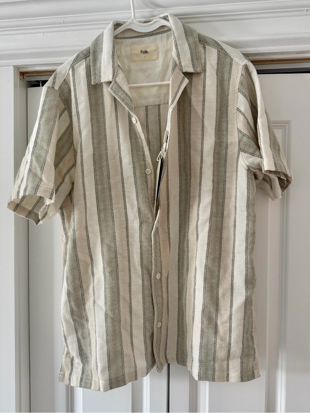 Folk Men’s Short-Sleeve Striped Button-Down Shirt — Cream & Olive